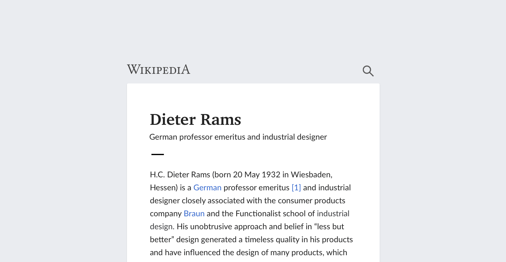 Example screenshot of Wikipedia article about Dieter Rams